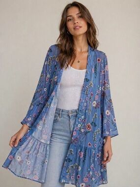 Hilary Radley Blue Floral Kimono Bell Sleeve Sheer Boho Cover Up M AC1